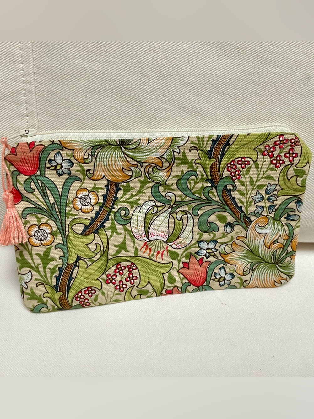Handmade Floral William Morris Print Zipper Pouch in Green and Cream